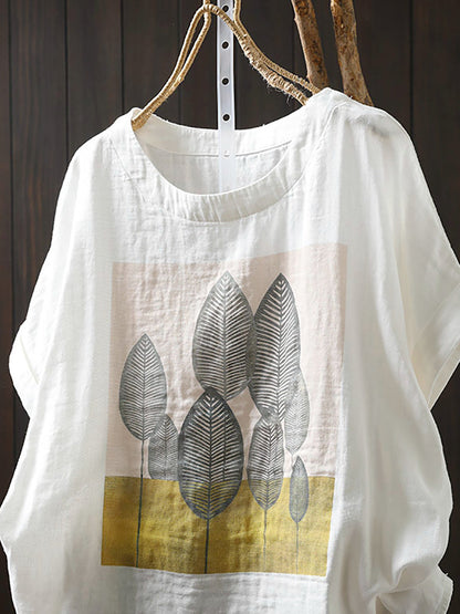 Plus Size Women Summer Casual Print O-Neck Cotton Shirt