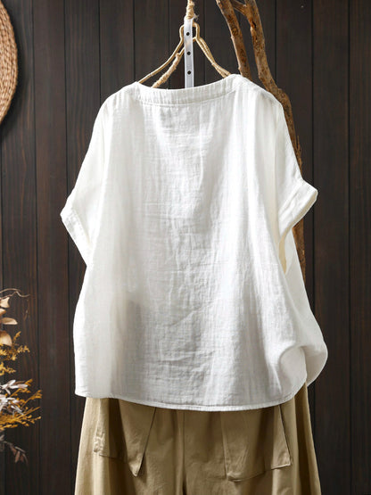 Plus Size Women Summer Casual Print O-Neck Cotton Shirt