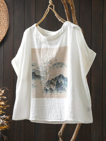 Plus Size Women Summer Casual Print O-Neck Cotton Shirt