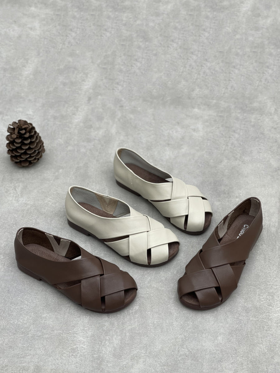 Women Vintage Genuine Leather Spliced Low Heel Shoes