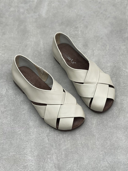 Women Vintage Genuine Leather Spliced Low Heel Shoes