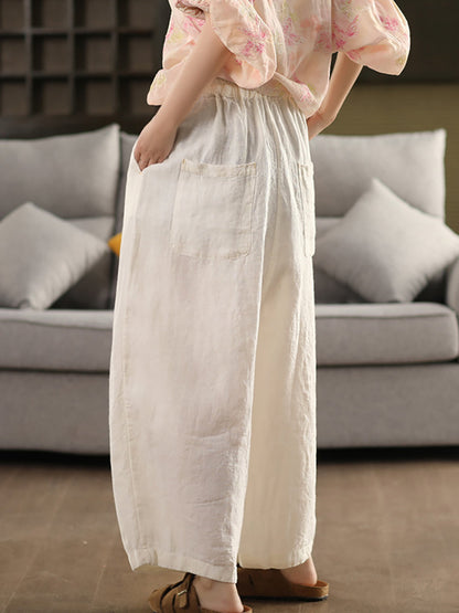 Plus Size Women Summer Casual Pure Color 100%Linen Wide-leg Pants