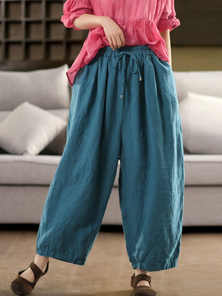 Plus Size Women Summer Casual Pure Color 100%Linen Wide-leg Pants
