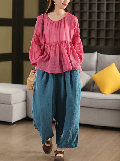Plus Size Women Summer Casual Pure Color 100%Linen Wide-leg Pants