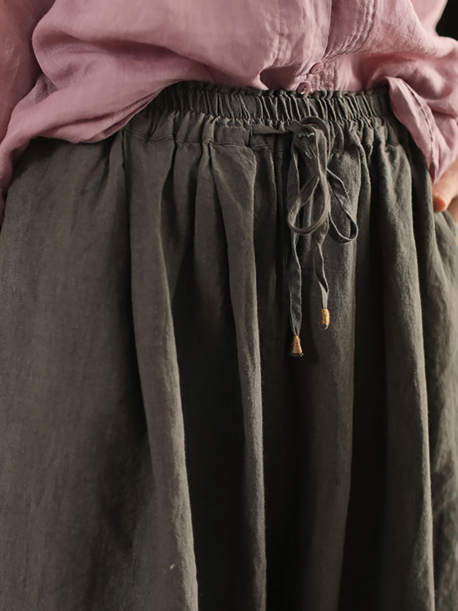 Plus Size Women Summer Casual Pure Color 100%Linen Wide-leg Pants