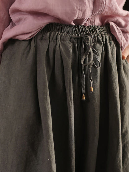 Plus Size Women Summer Casual Pure Color 100%Linen Wide-leg Pants