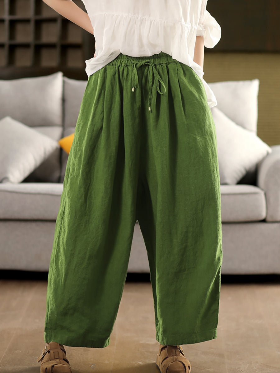 Plus Size Women Summer Casual Pure Color 100%Linen Wide-leg Pants
