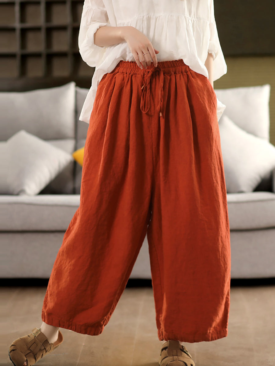 Plus Size Women Summer Casual Pure Color 100%Linen Wide-leg Pants