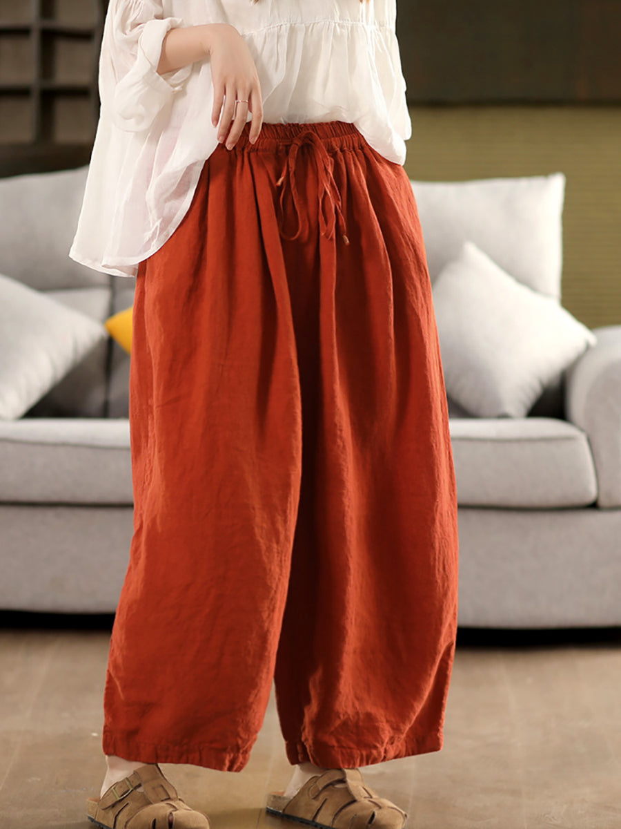 Plus Size Women Summer Casual Pure Color 100%Linen Wide-leg Pants