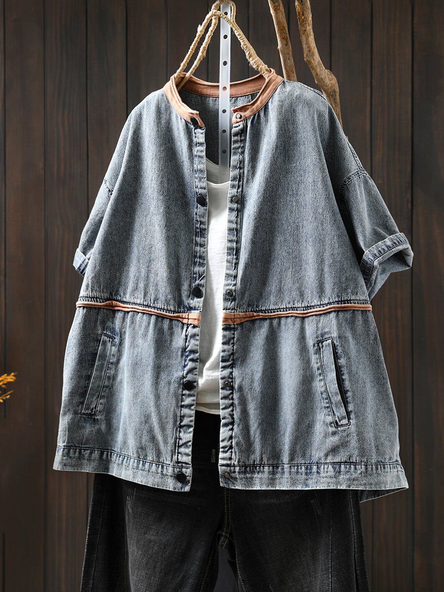 Women Summer Casual Colorblock O-Neck Denim Shirt