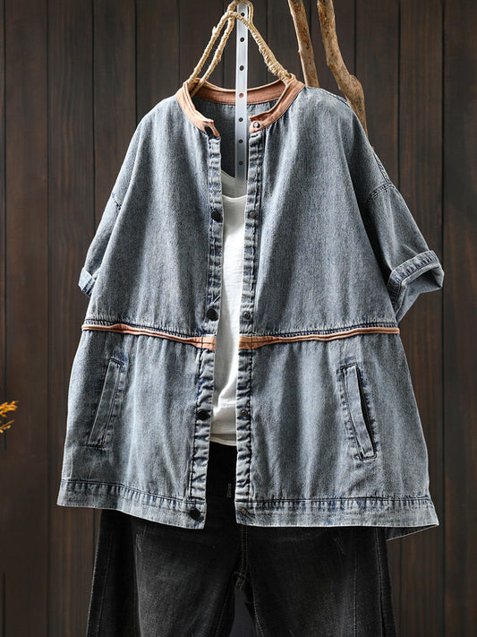 Women Summer Casual Colorblock O-Neck Denim Shirt