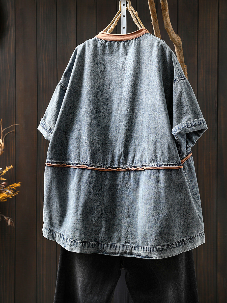 Women Summer Casual Colorblock O-Neck Denim Shirt