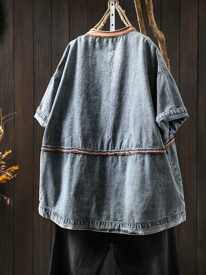 Women Summer Casual Colorblock O-Neck Denim Shirt