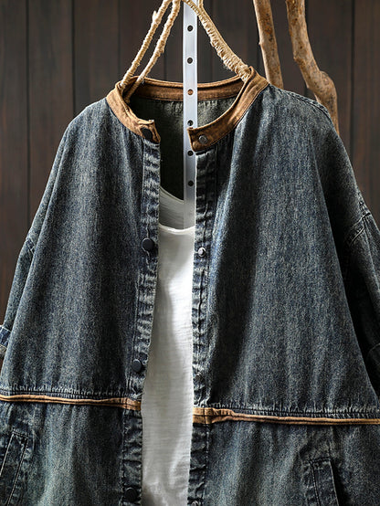 Women Summer Casual Colorblock O-Neck Denim Shirt