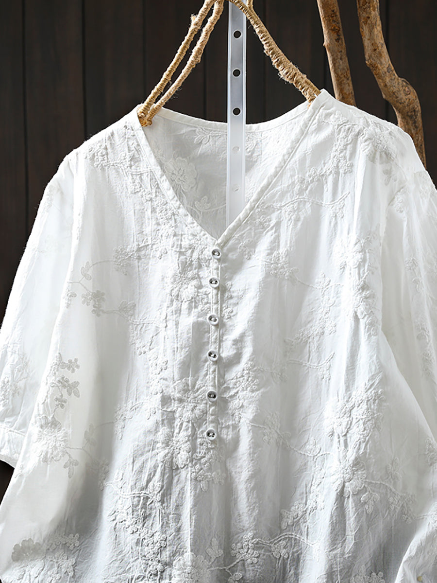 Plus Size Women Artsy Emboidery V-Neck 100%Cotton Shirt