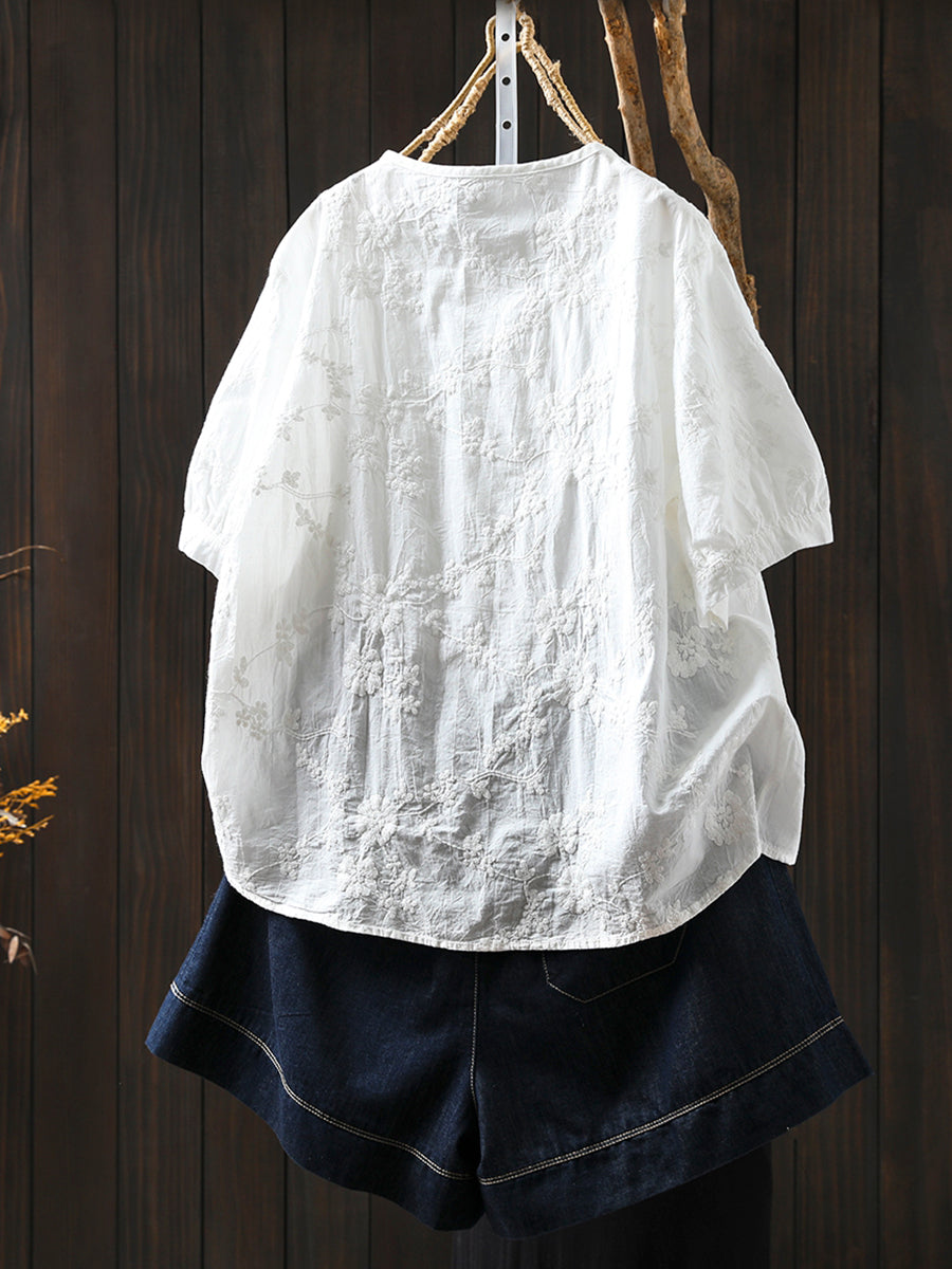 Plus Size Women Artsy Emboidery V-Neck 100%Cotton Shirt