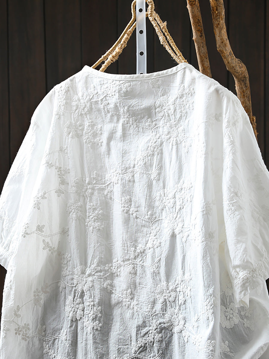 Plus Size Women Artsy Emboidery V-Neck 100%Cotton Shirt