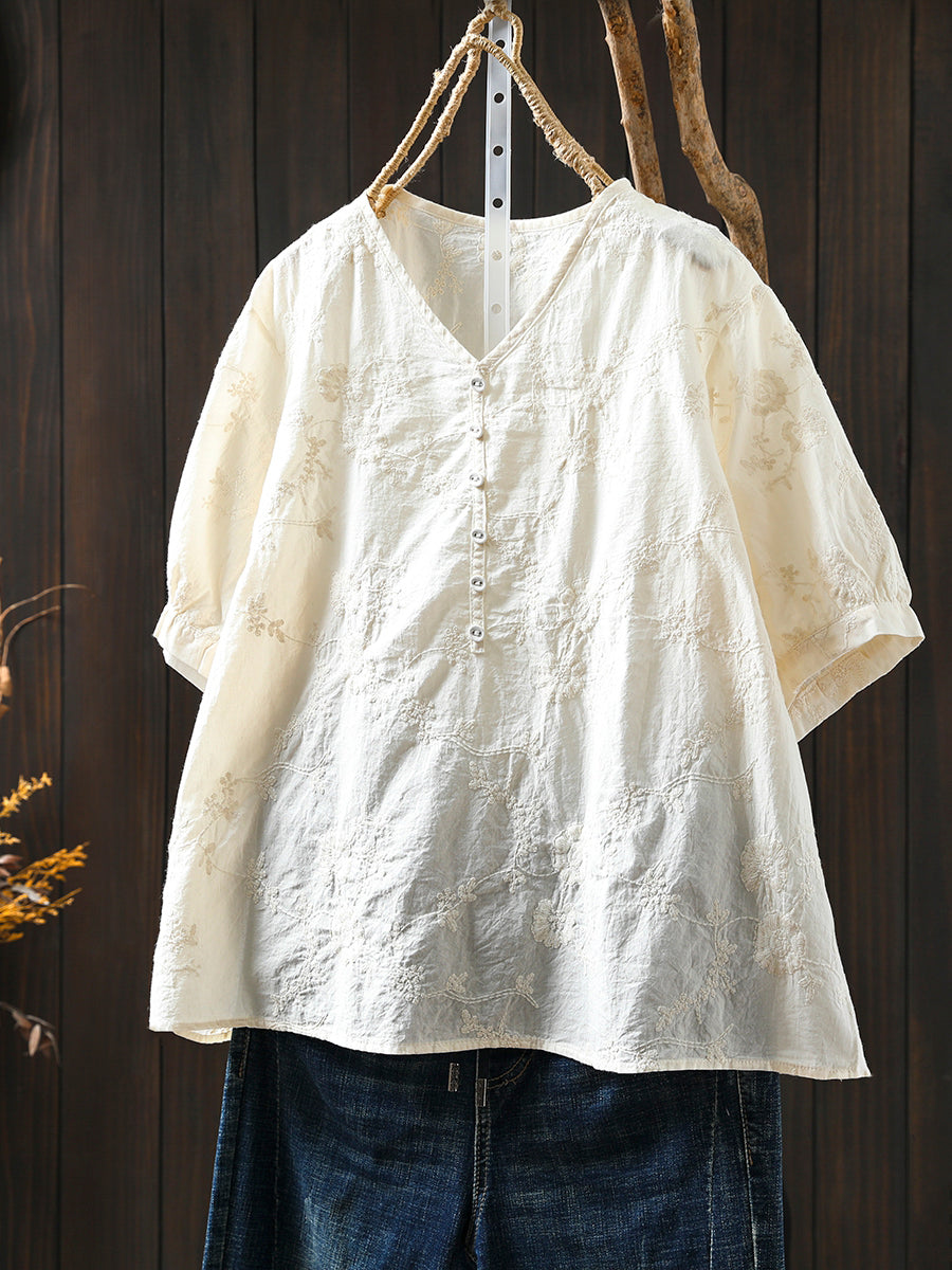 Plus Size Women Artsy Emboidery V-Neck 100%Cotton Shirt