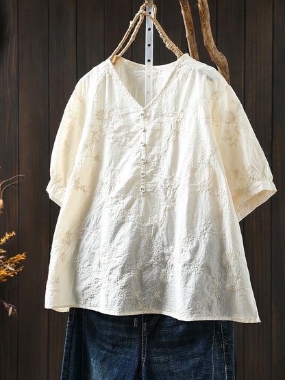 Plus Size Women Artsy Emboidery V-Neck 100%Cotton Shirt