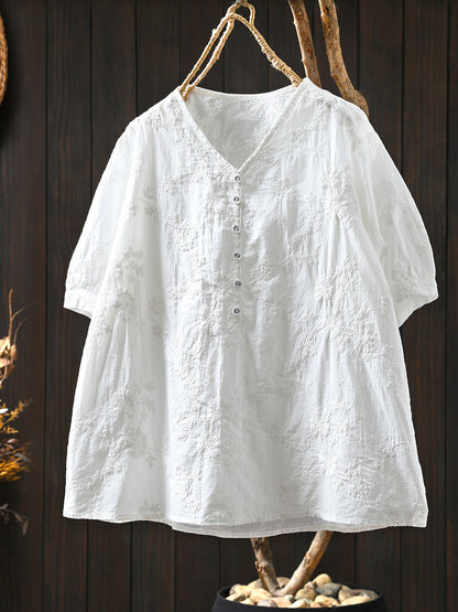 Plus Size Women Artsy Emboidery V-Neck 100%Cotton Shirt