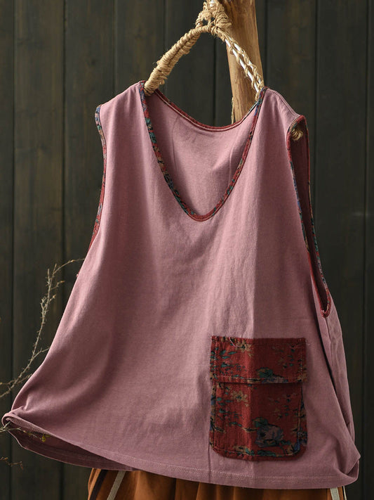 Plus Size Women Summer Vintage Colorblock V-Neck Cotton Vest