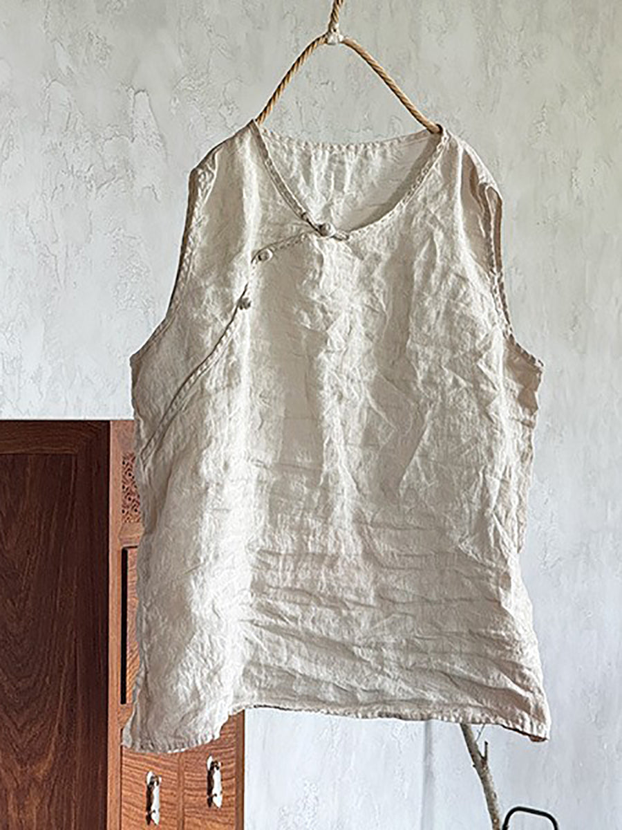 Women Summer Pure Color O-Neck 100%Linen Vest
