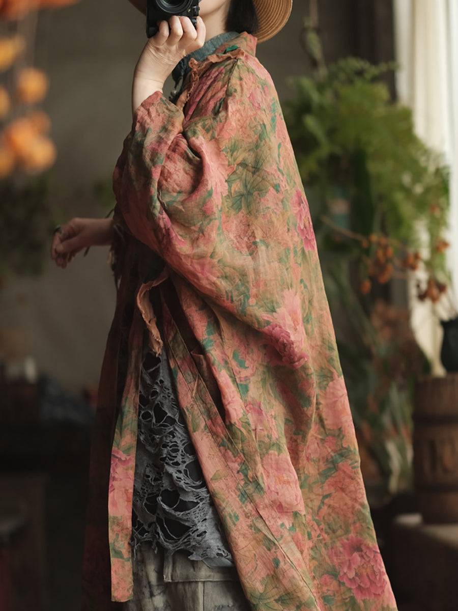 Women Summer Artsy Flower V-Neck Ramie Shirt Coat