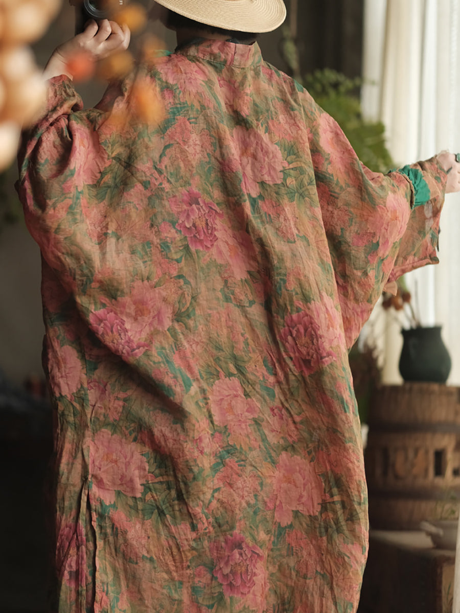 Women Summer Artsy Flower V-Neck Ramie Shirt Coat