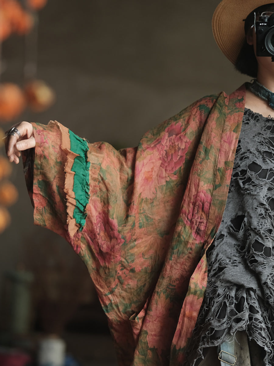 Women Summer Artsy Flower V-Neck Ramie Shirt Coat