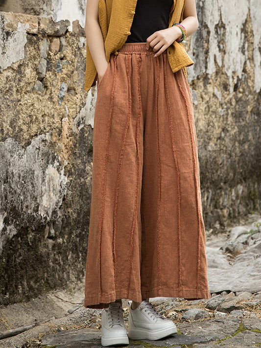 Women Summer Worn Raw-edge Ramie Wide-leg Pants