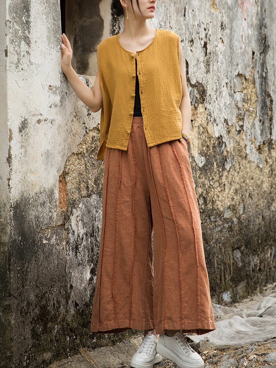 Women Summer Worn Raw-edge Ramie Wide-leg Pants