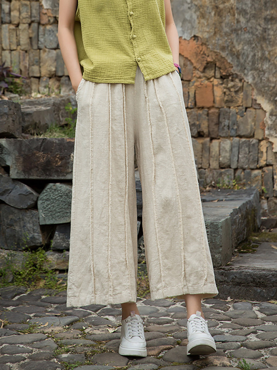 Women Summer Worn Raw-edge Ramie Wide-leg Pants