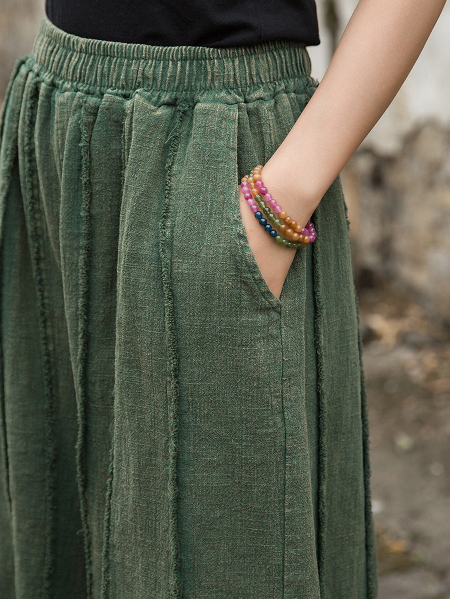 Women Summer Worn Raw-edge Ramie Wide-leg Pants