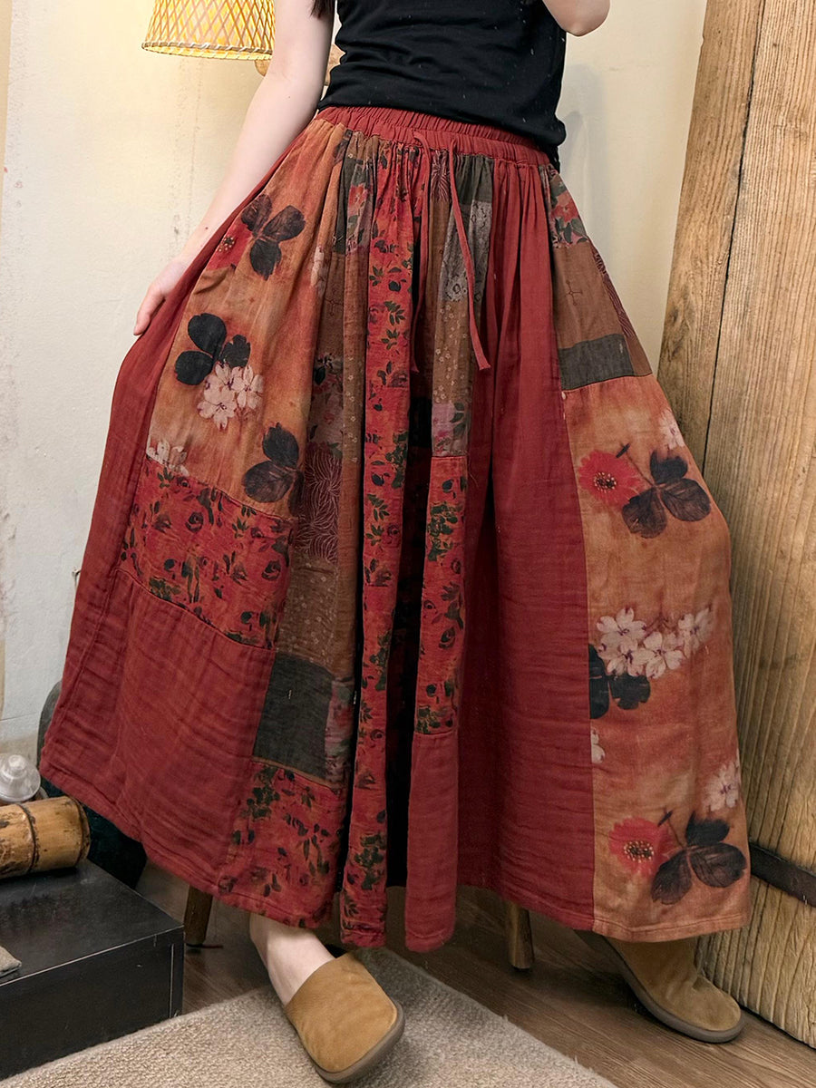 Women Summer Retro Flower Patchwork Cotton Skirt