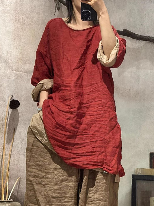 Women Summer Artsy Pure Color O-Neck Ramie Shirt