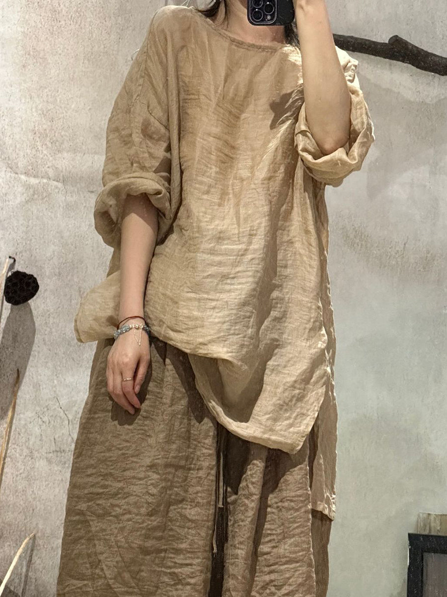 Women Summer Artsy Pure Color O-Neck Ramie Shirt