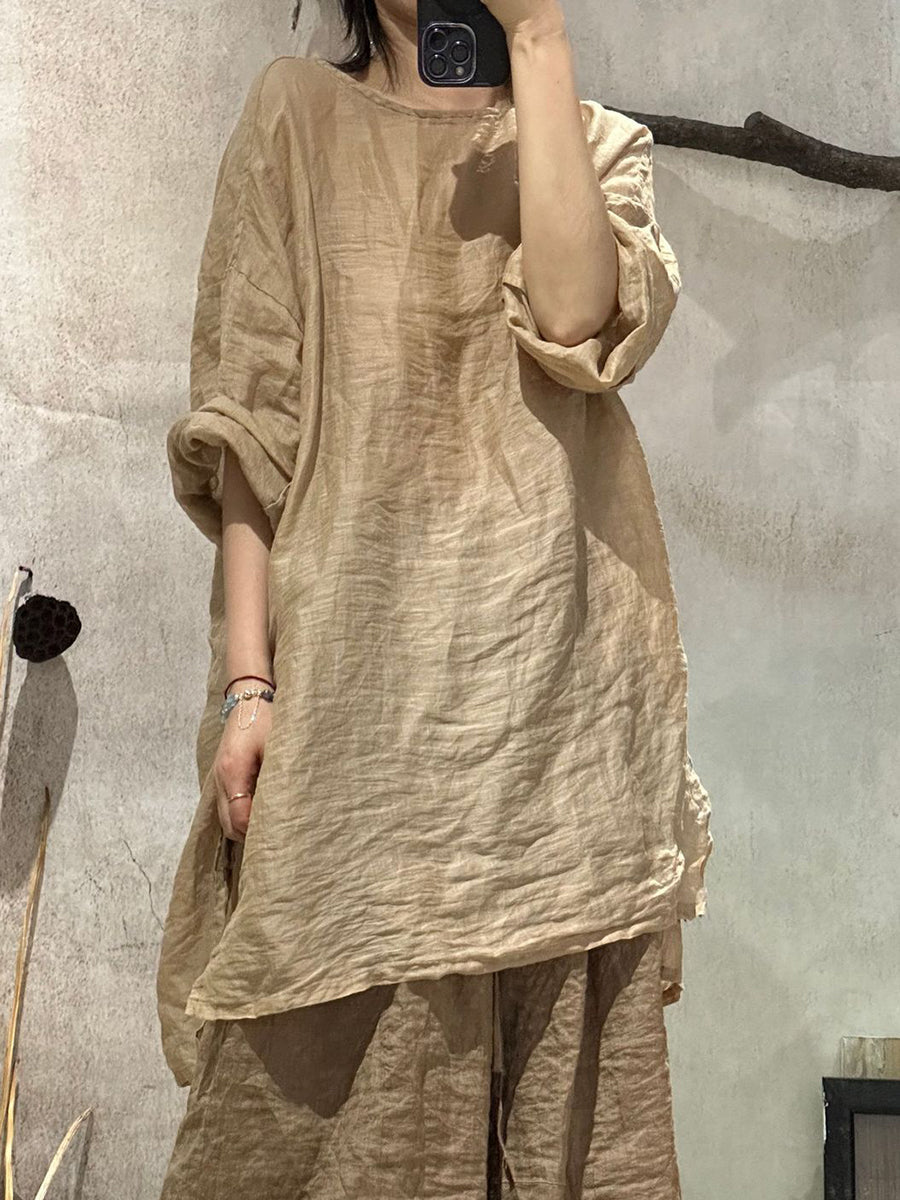 Women Summer Artsy Pure Color O-Neck Ramie Shirt