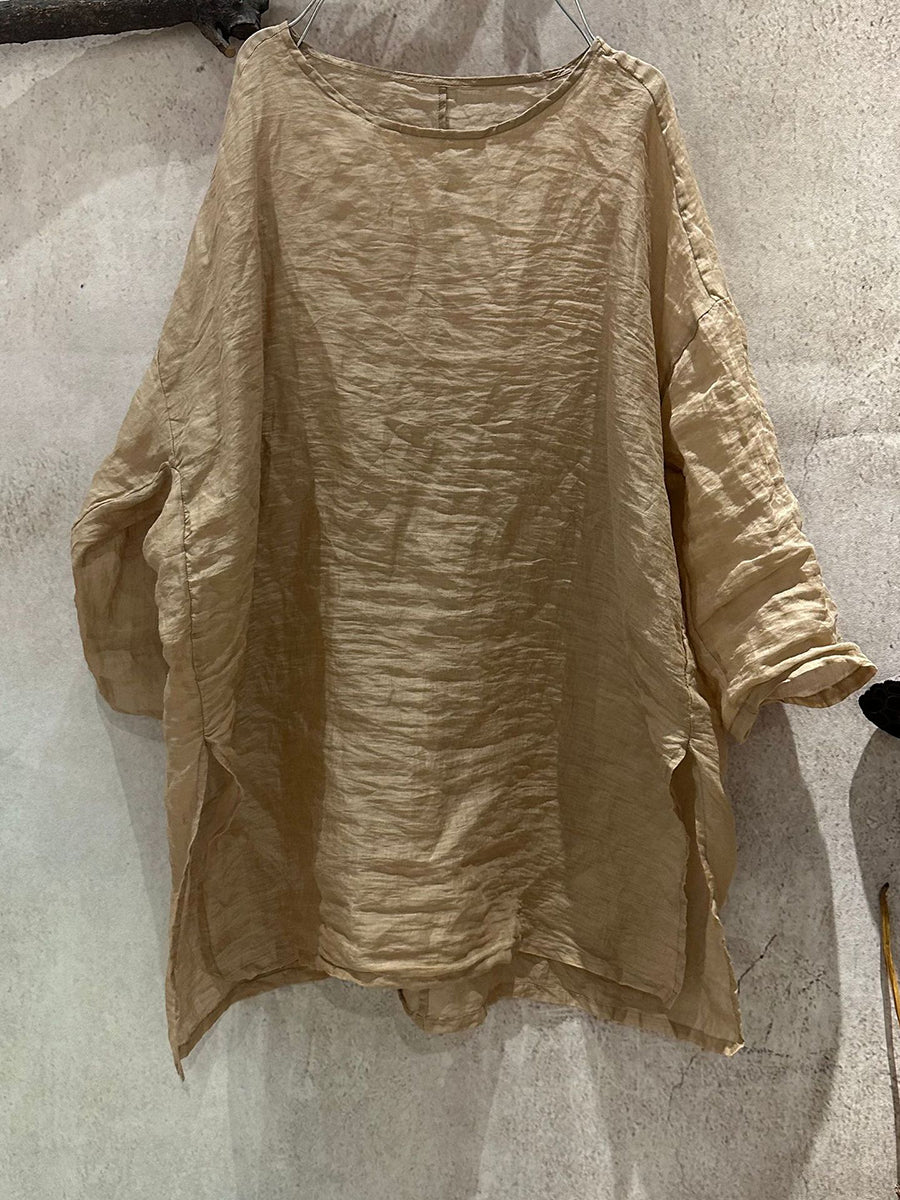 Women Summer Artsy Pure Color O-Neck Ramie Shirt