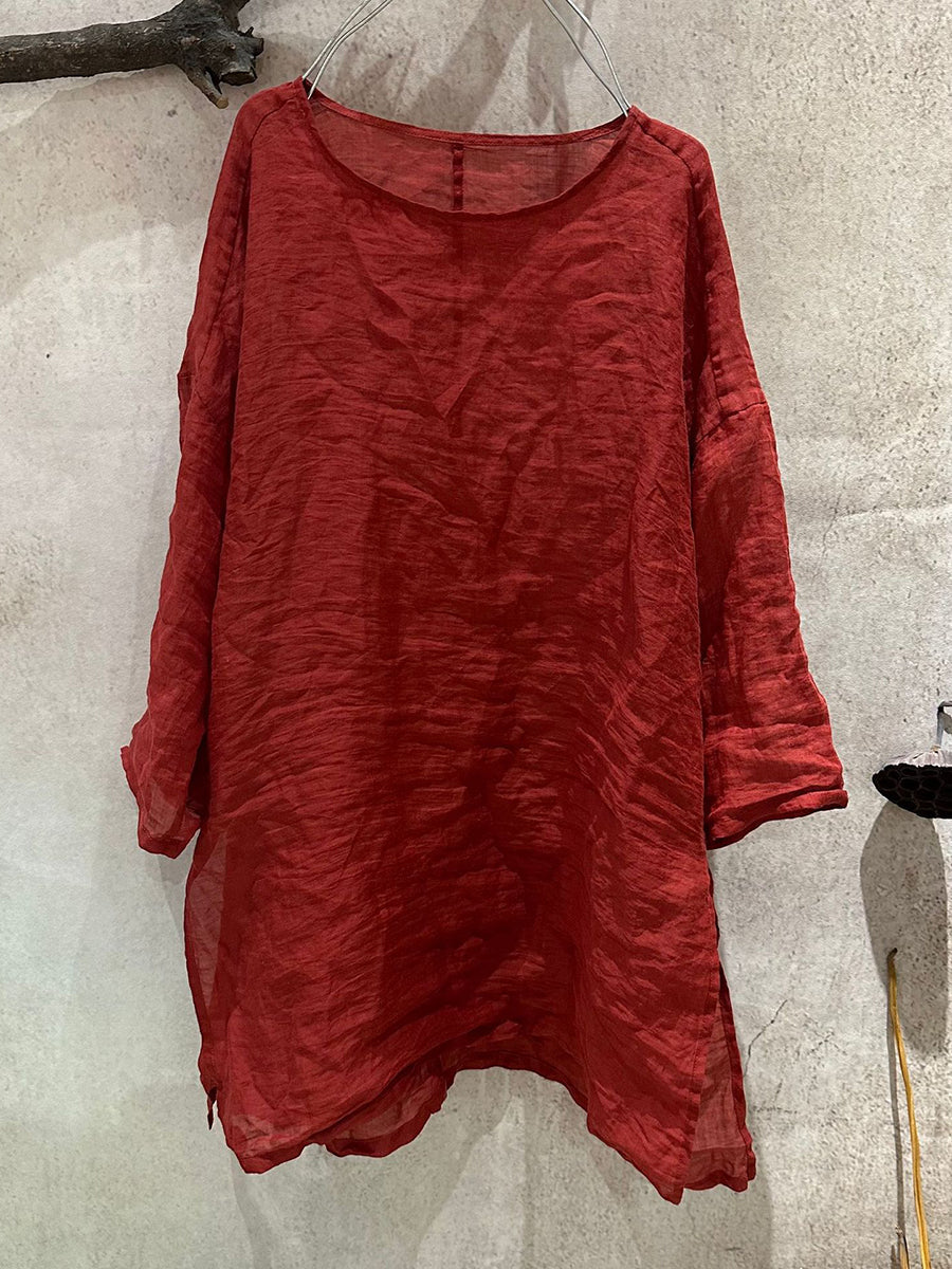 Women Summer Artsy Pure Color O-Neck Ramie Shirt