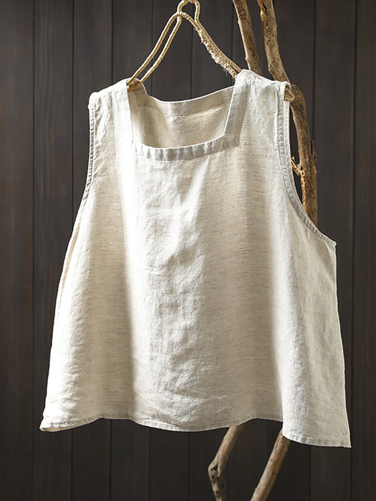 Plus Size Women Summer Vintage Pure Color Square Collar Linen Vest