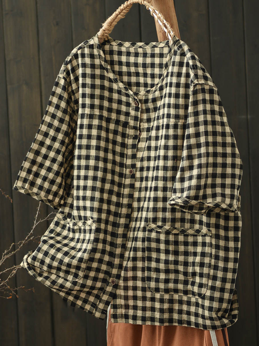 Women Summer Casual Plaid O-Neck Cotton Shirt
