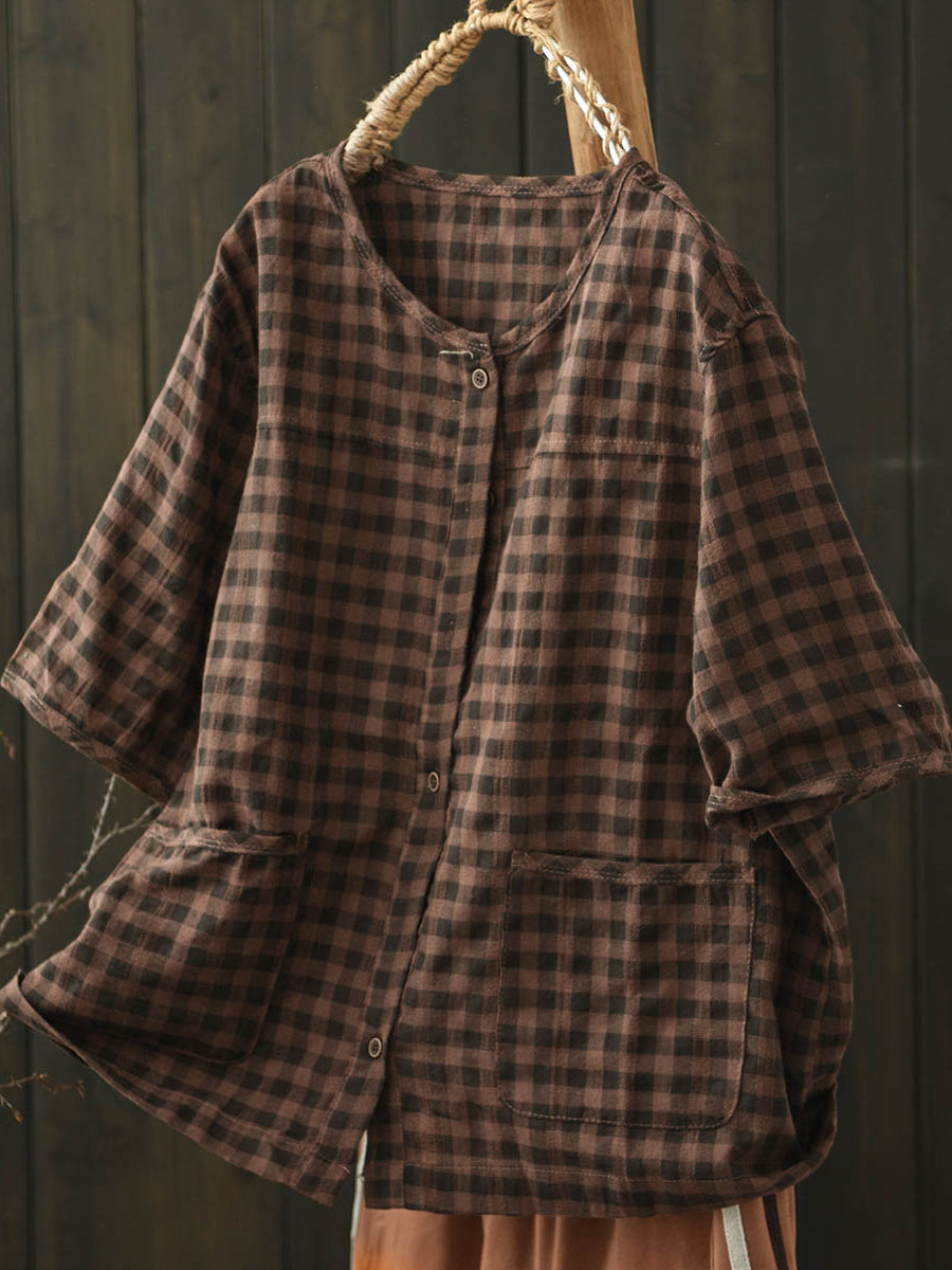 Women Summer Casual Plaid O-Neck Cotton Shirt