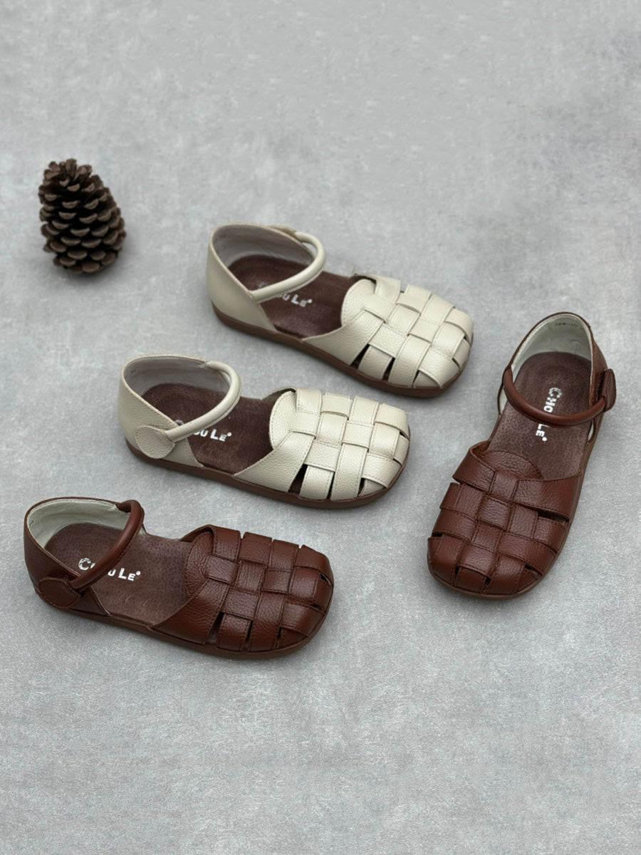 Women Vintage Genuine Leather Weave Flat Shoes
