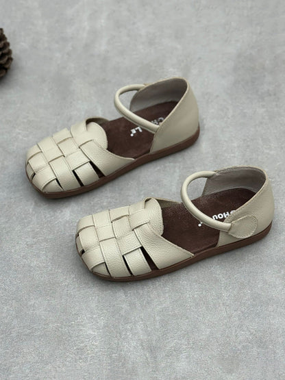 Women Vintage Genuine Leather Weave Flat Shoes