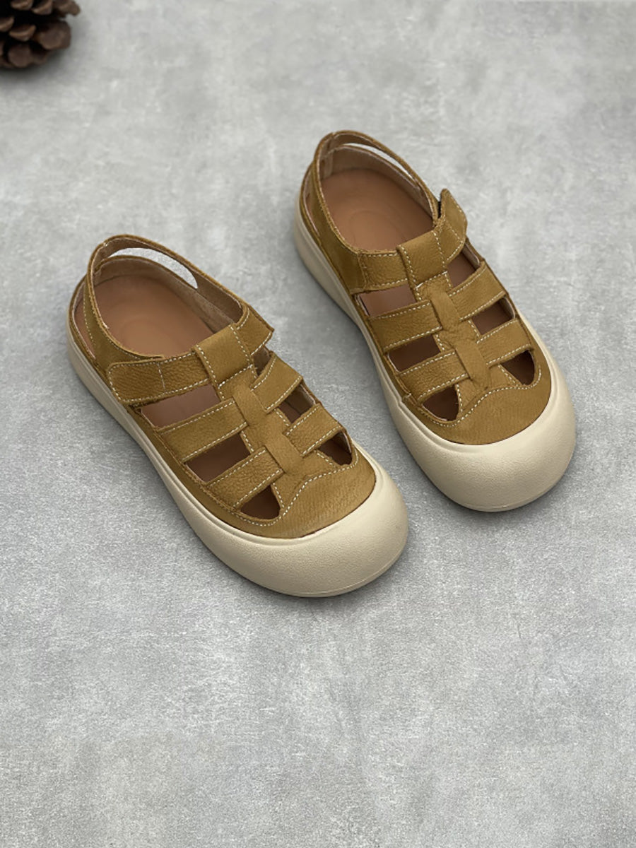 Women Summer Leather Spliced Flat Sandals