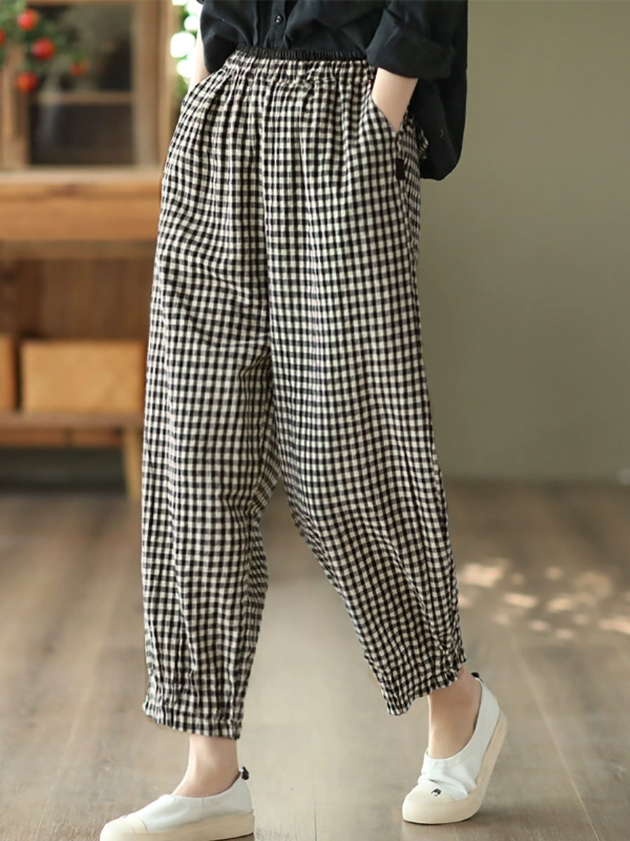 Plus Size Women Summer Retro Plaid 100%Cotton Harem Pants