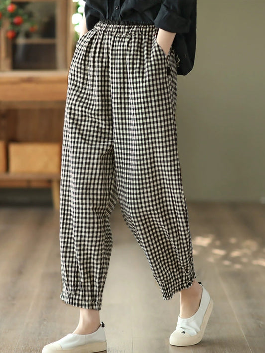 Plus Size Women Summer Retro Plaid 100%Cotton Harem Pants