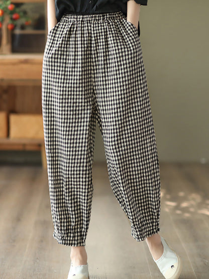 Plus Size Women Summer Retro Plaid 100%Cotton Harem Pants