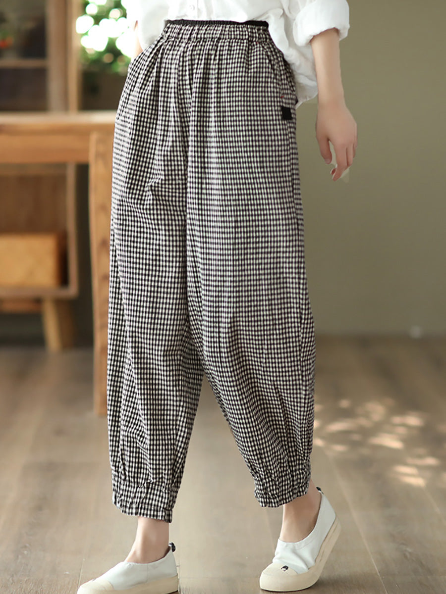 Plus Size Women Summer Retro Plaid 100%Cotton Harem Pants
