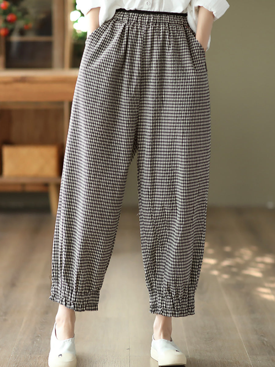 Plus Size Women Summer Retro Plaid 100%Cotton Harem Pants